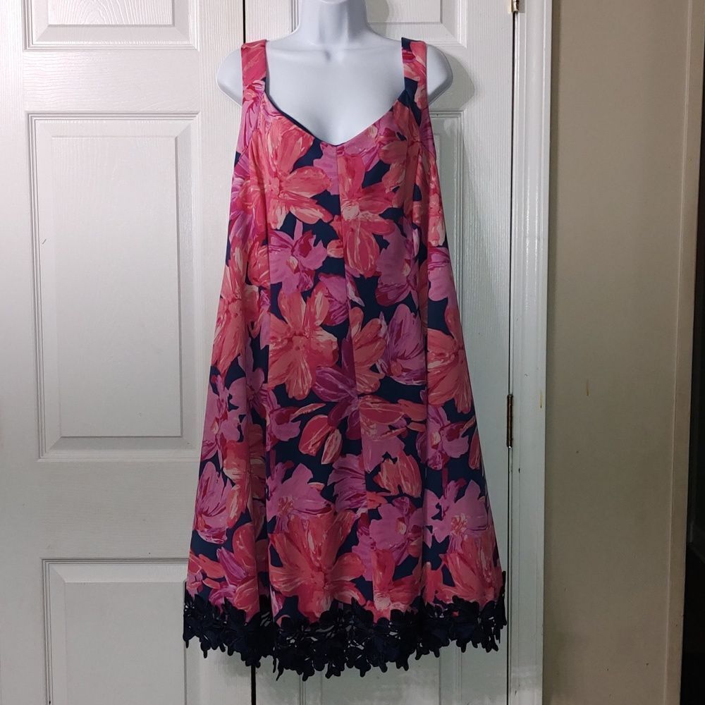 Donna Ricco New York navy pink floral print crochet hem dress Sz 18W